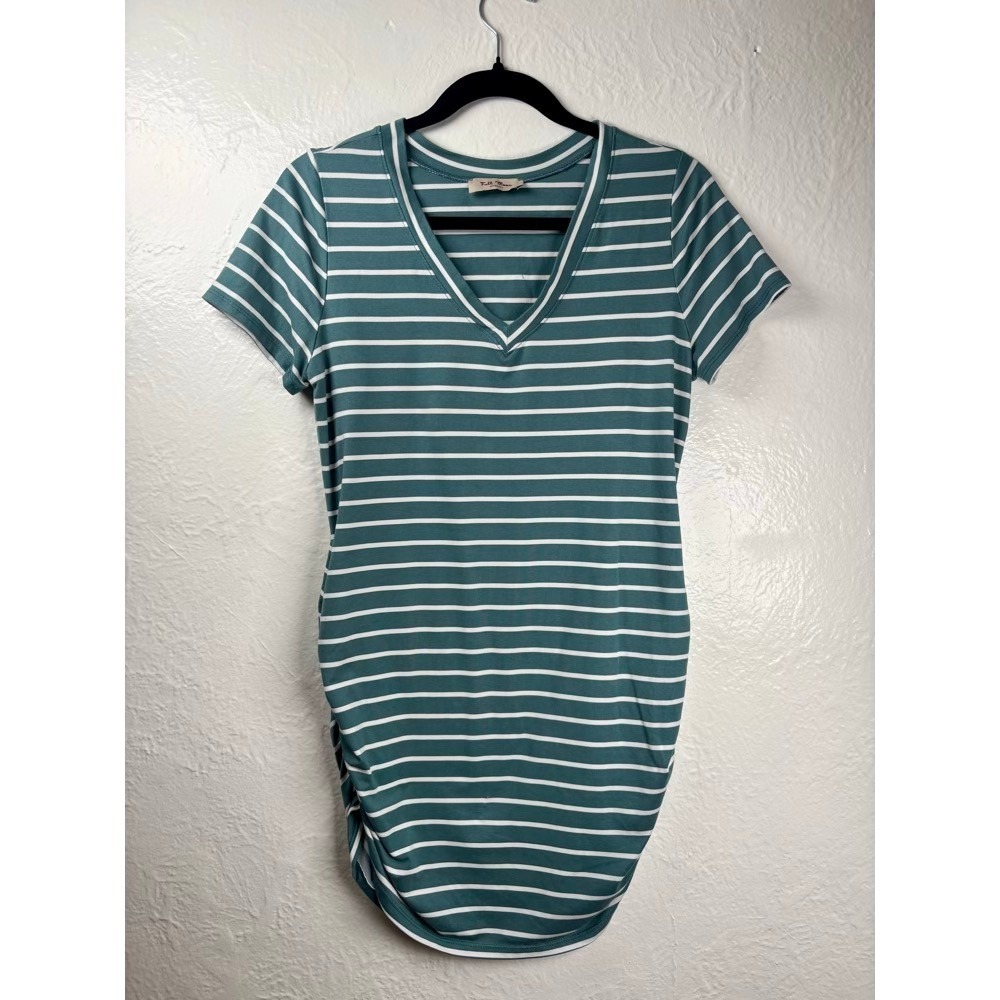 Full Moon Maternity‎ Teal White Striped Ruched Side Top Medium Coastal Preppy